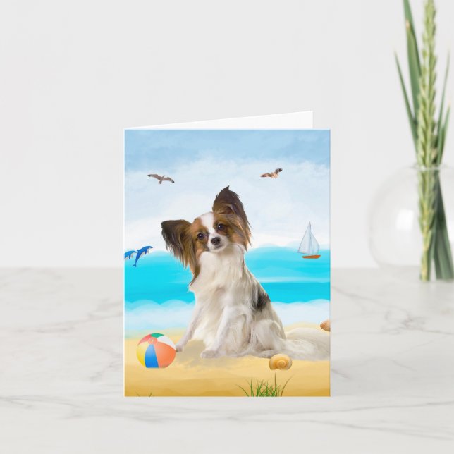 Papillon Dog on Beach Karte (Vorderseite)
