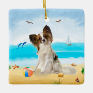 Papillon Dog on Beach Keramikornament