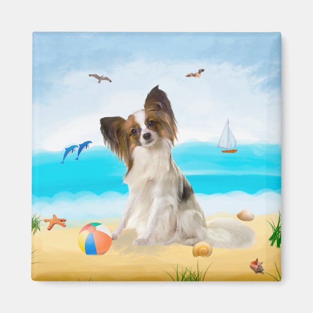 Papillon Dog on Beach Magnet (Vorne)