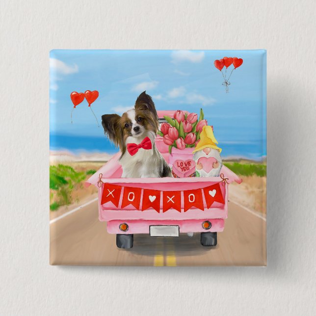 Papillon Dog Valentine's Day Lkw Herz Button (Vorderseite)