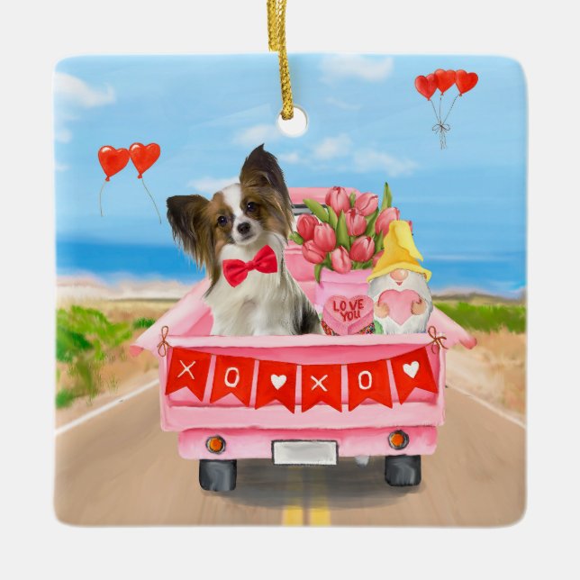 Papillon Dog Valentine's Day Lkw Herz Keramikornament (Vorderseite)