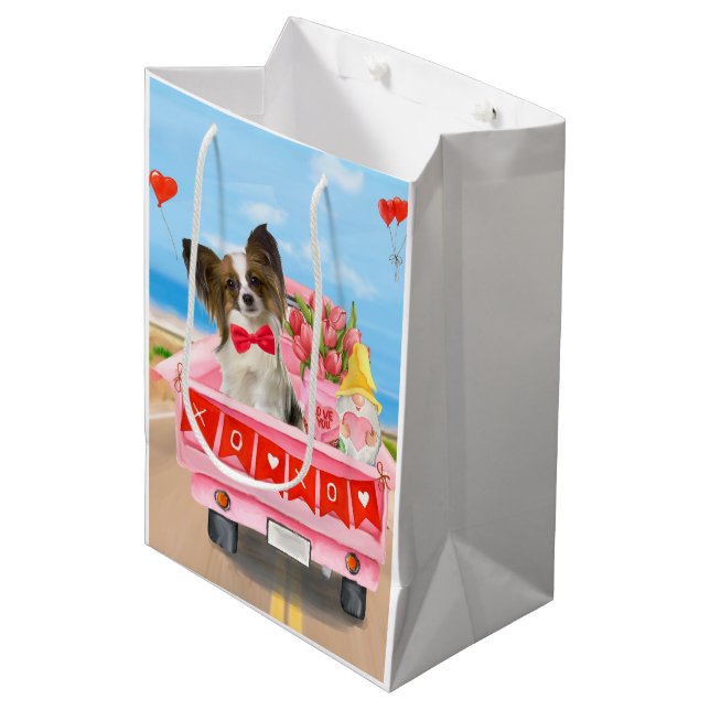 Papillon Dog Valentine's Day Lkw Herz Mittlere Geschenktüte (Vorderseite Schrägansicht)