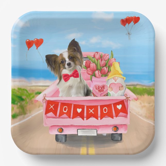 Papillon Dog Valentine's Day Lkw Herz Pappteller (Vorderseite)