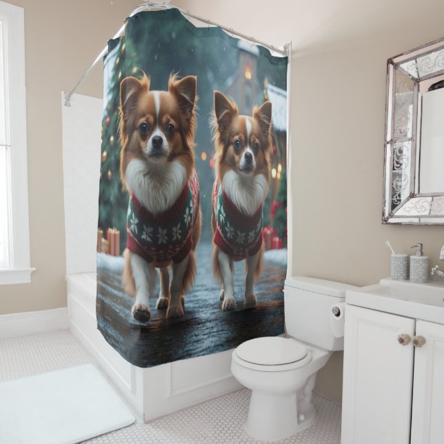 Papillon Dogs Christmas Snow Holiday Duschvorhang (Beispiel)