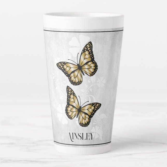 Papillon d'or Floral Latte Mug personnalisé (Devant)