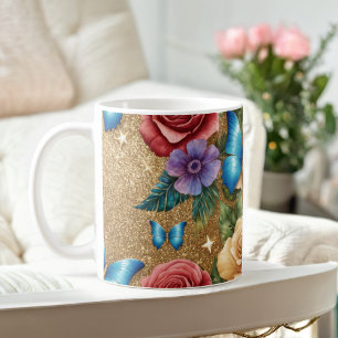 Papillon élégant et Mug d'or floral