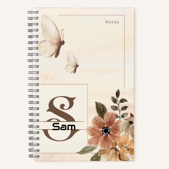 Papillon et Carnet spiral floral avec S initial (Recto)