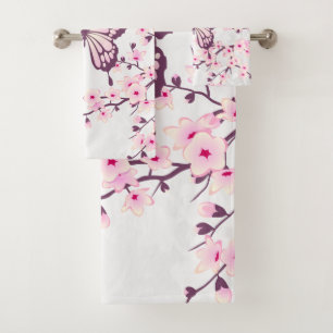 Papillon Et Fleur De Cerise Rose Blanc