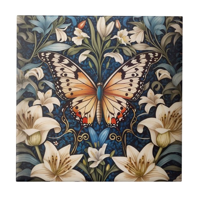 Papillon et Lilies Carreaux en céramique botanique (Devant)