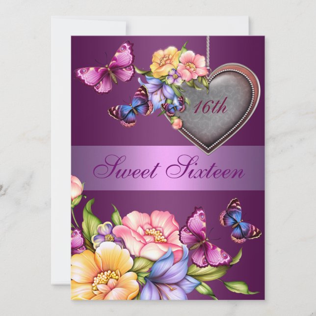 Papillon floral pourpre doux16 Invitation d'annive (Devant)