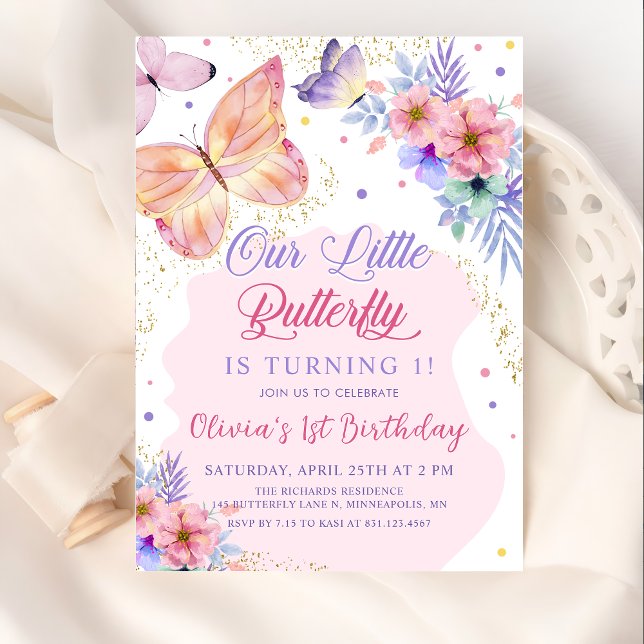 Papillon Floral Rose Girls Invitation Anniversaire (Créateur téléchargé)