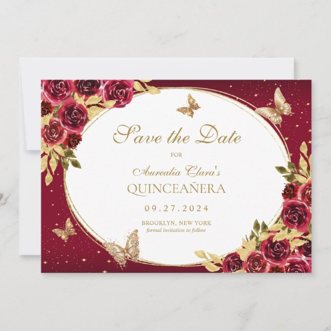 Papillon Floral Rouge Or Quinceanera Faire-part (Devant)