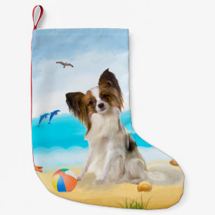 Papillon-Hund am Strand Kleiner Weihnachtsstrumpf