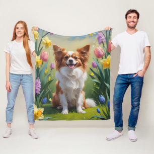 Papillon-Hund Frühlingsblumen Malerei Fleecedecke