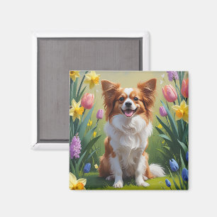 Papillon-Hund Frühlingsblumen Malerei Magnet