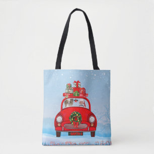 Papillon-Hund im Auto mit dem Weihnachtsmann Tasche