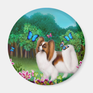 Papillon Hund im Garten-runden Magneten Magnet