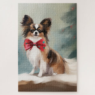 Papillon-Hund im Schnee Weihnachten