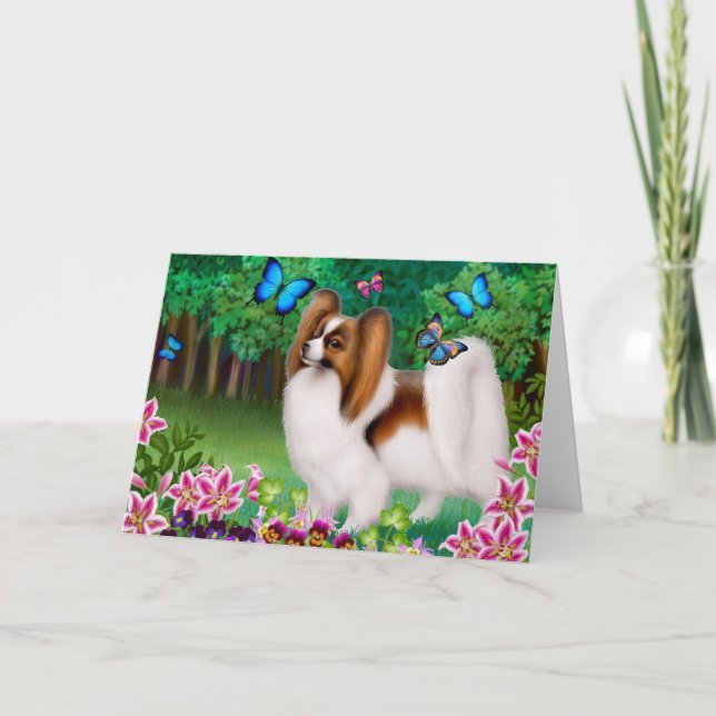 Papillon Hund in der Garten-Gruß-Karte Karte (Vorderseite)