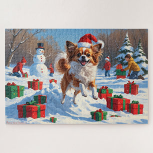Papillon Hund läuft im Schnee mit Weihnachtshut