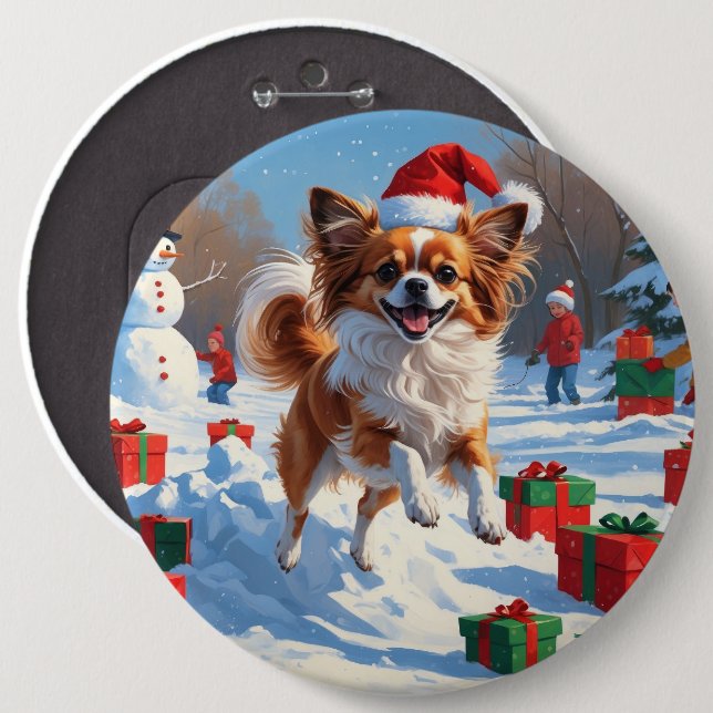 Papillon Hund läuft im Schnee mit Weihnachtshut Button (Vorne & Hinten)