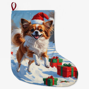 Papillon Hund läuft im Schnee mit Weihnachtshut Großer Weihnachtsstrumpf