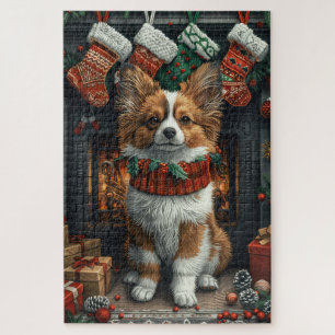 Papillon-Hund mit Weihnachtsgeschenken am Kamin