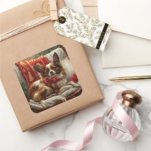 Papillon-Hund Weihnachtsfestlich Quadratischer Aufkleber