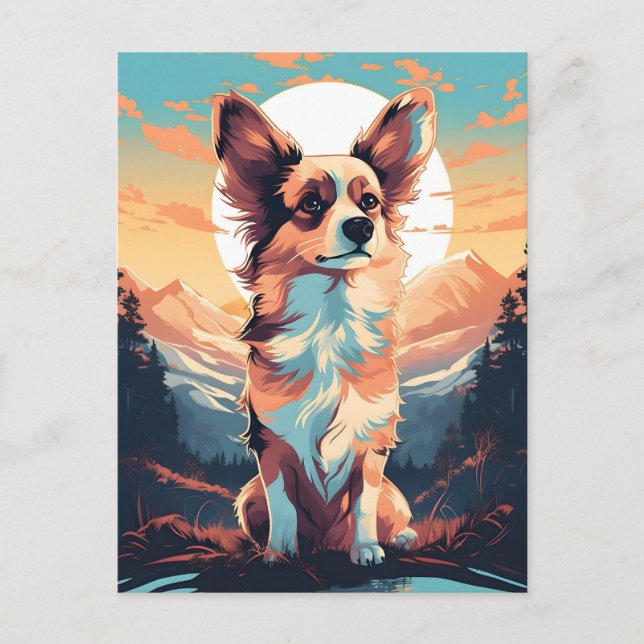 Papillon-Hund Winterwald bei Sonnenuntergang Postkarte (Vorderseite)