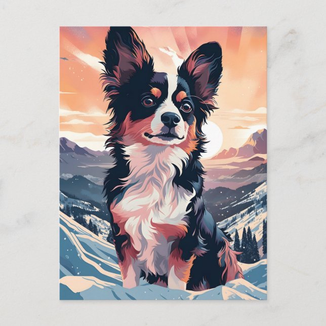 Papillon-Hund Winterwald bei Sonnenuntergang Postkarte (Vorderseite)