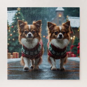 Papillon-Hunde Weihnachten Schnee Urlaub