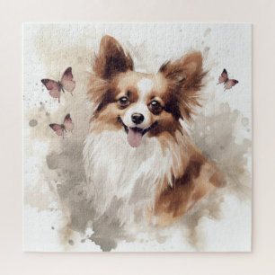 Papillon-Hundeporträt mit rosa Schmetterlingen