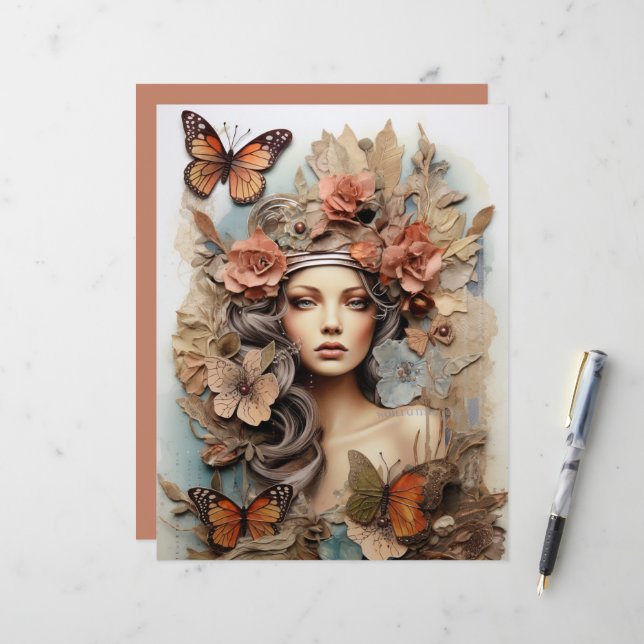 Papillon Lady avec fleurs Art Page (Devant/Arrière en situation)