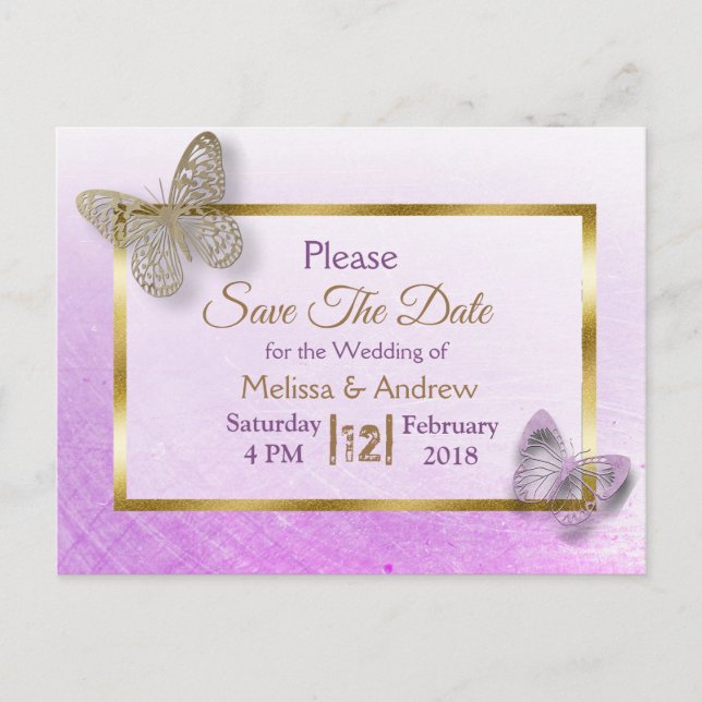 Papillon Lavande & Or Enregistrer la date Cartes p (Devant)