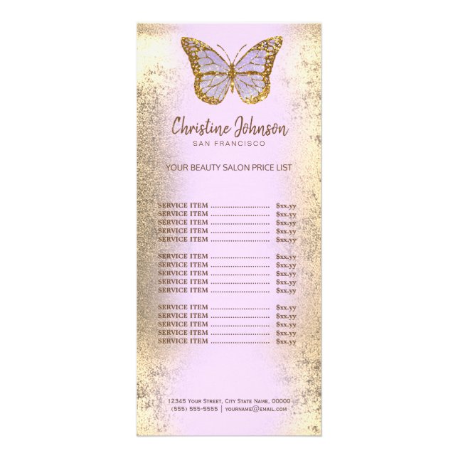 papillon lavande sur fausse carte porte feuille or (Devant)