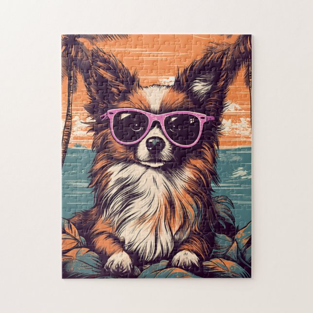 Papillon mit Sonnenbrille am Strand (Vertikal)