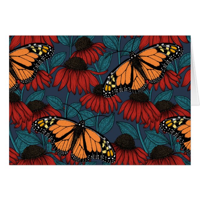 Papillon monarque sur des fleurs rouges (Devant horizontal)