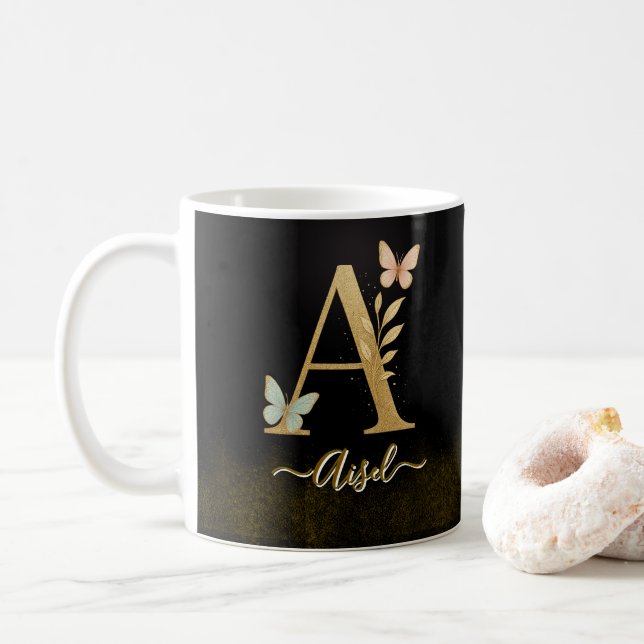 Papillon Or "A" Monogramme café Mug (Avec donut)