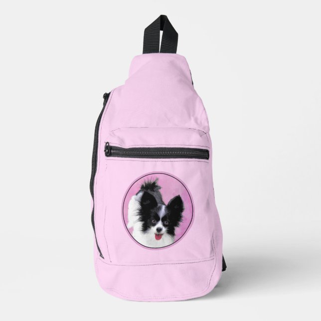 Papillon Painting Black and White Original Dog Art Crossbody Bag (Vorderseite)