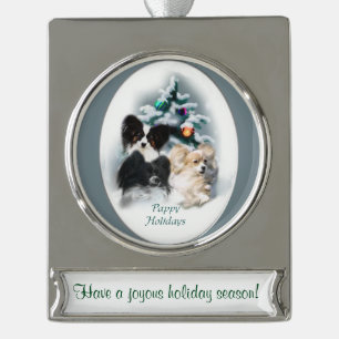 Papillon Personalisierte Weihnachten Banner-Ornament Silber