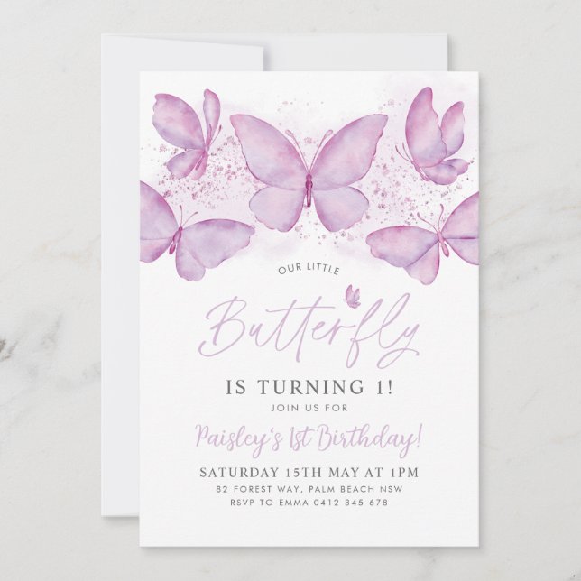Papillon pourpre 1er anniversaire Invitation Baby  (Devant)