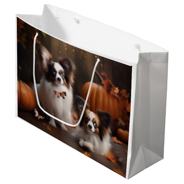 Papillon Puppy Autumn Delight Pumpkin Große Geschenktüte (Vorderseite Schrägansicht)