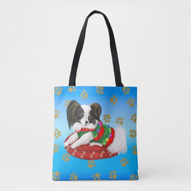 Papillon Puppy mit grünen und roten Weihnachtsklei Tasche (Vorderseite)