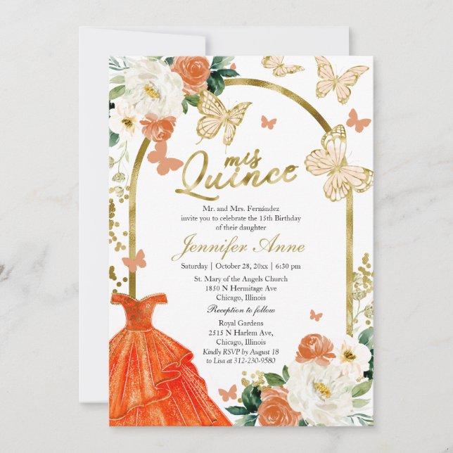 Papillon Quince Invitations Robe Florale Orange (Devant)