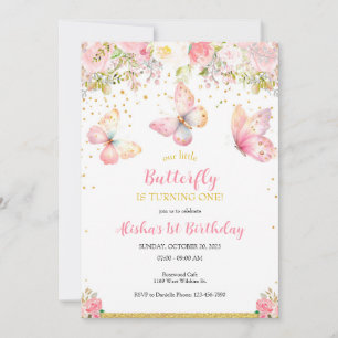 Papillon rose 1er anniversaire Invitation