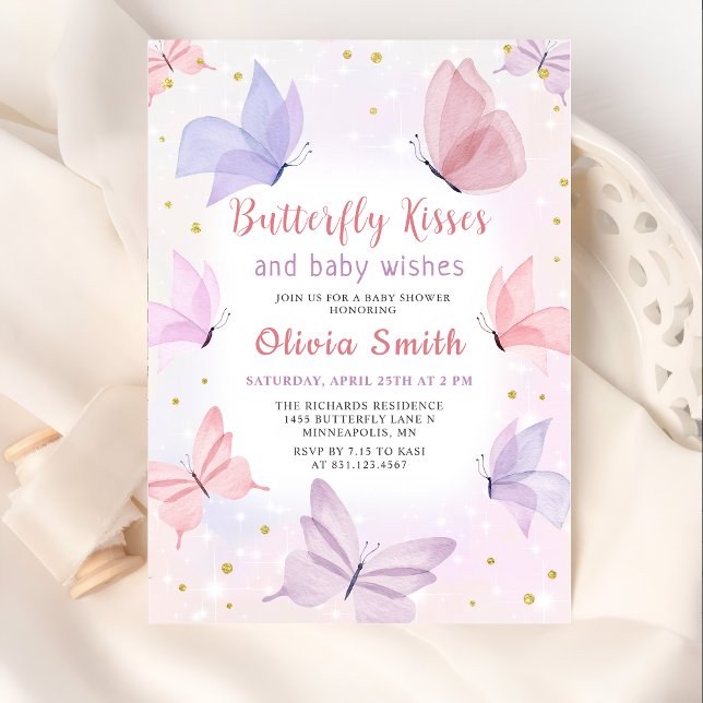 Papillon rose Baisers Baby shower fille Invitation (Créateur téléchargé)