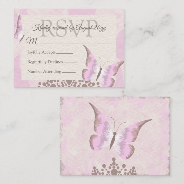 Papillon rose Dusty Quinceañera Carte RSVP (Devant / Derrière)