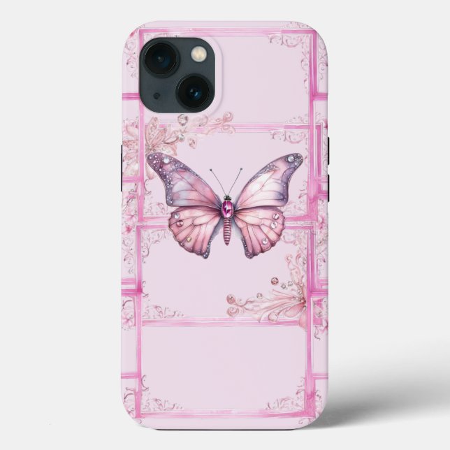 Papillon rose fleuri de luxe iPhone 13 Coque (Verso)