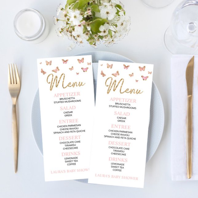 Papillon rose Menu plat Baby shower à thème (Créateur téléchargé)