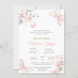 Papillon rose pâle Quinceanera invitation